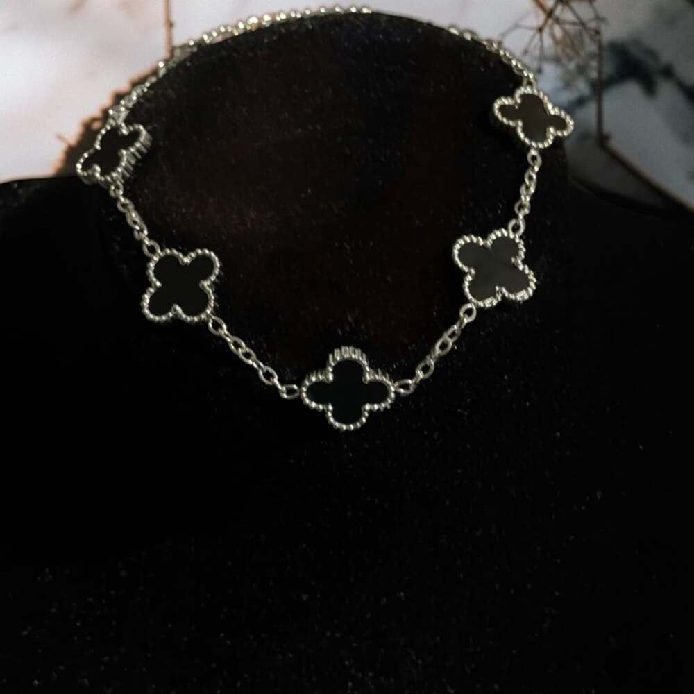 Trendy Black Clover Stainless Steal Silver Adjustable Bracelet 6.5”-8.5”